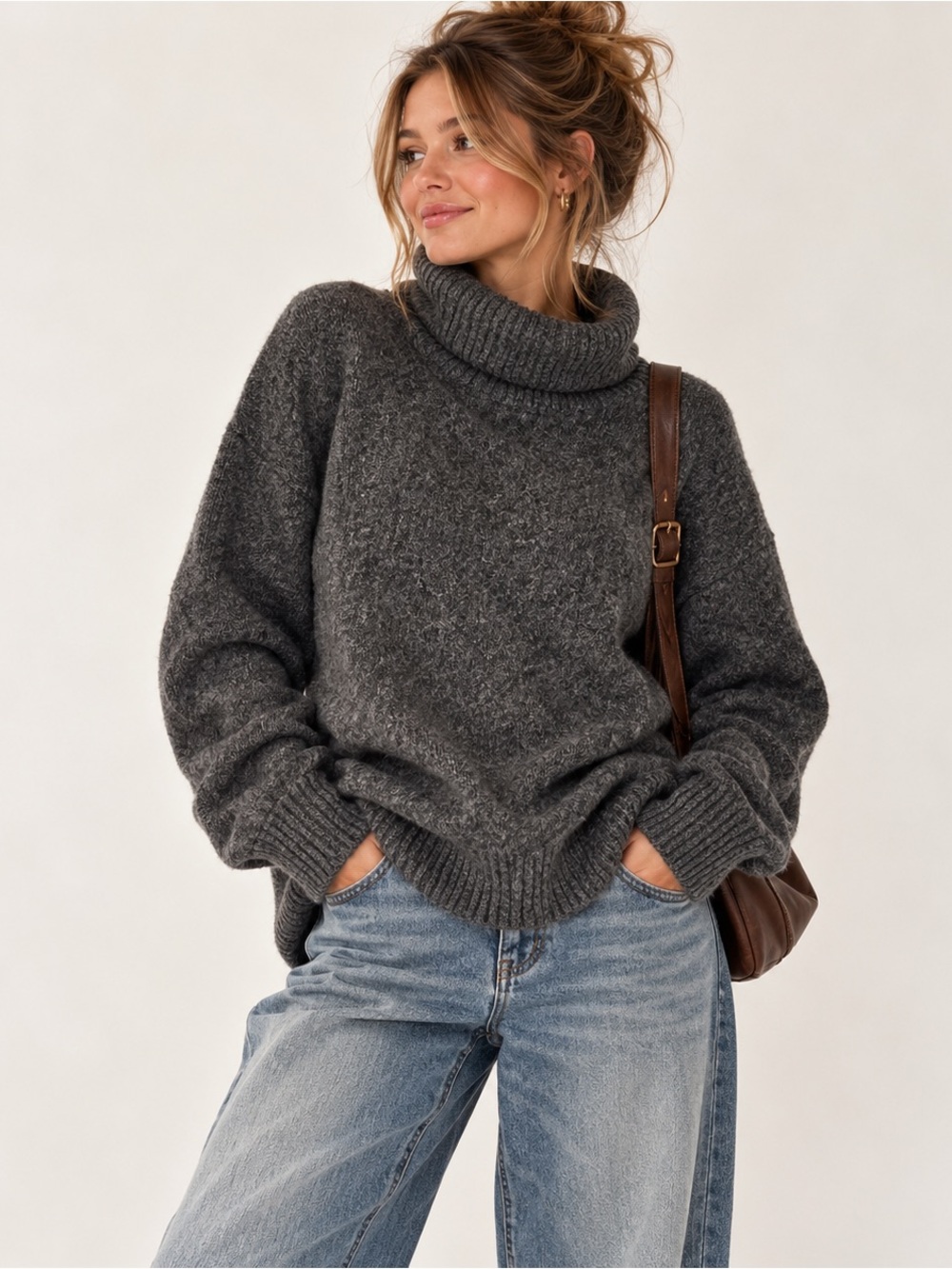 Tahari Gray Turtleneck Sweater Size Small High Low Hem